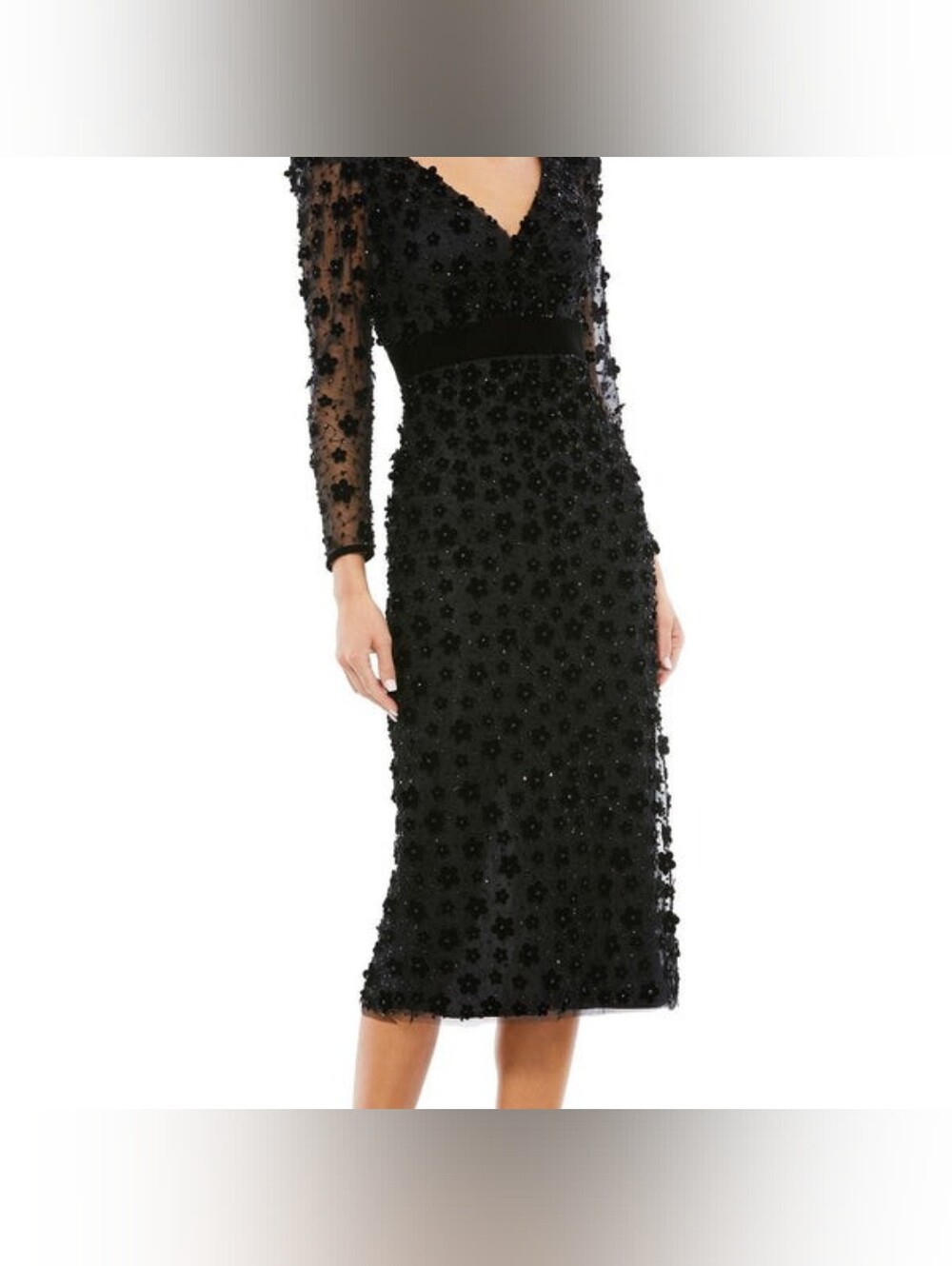Mac Duggal 67856 3D Floral Lace Midi Dress — Black, Size 8 NWT